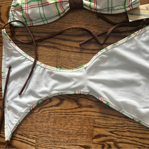 O’Neill NWT medium ringer plaid bandeau bikini white green brown red yellow - Picture 3 of 8